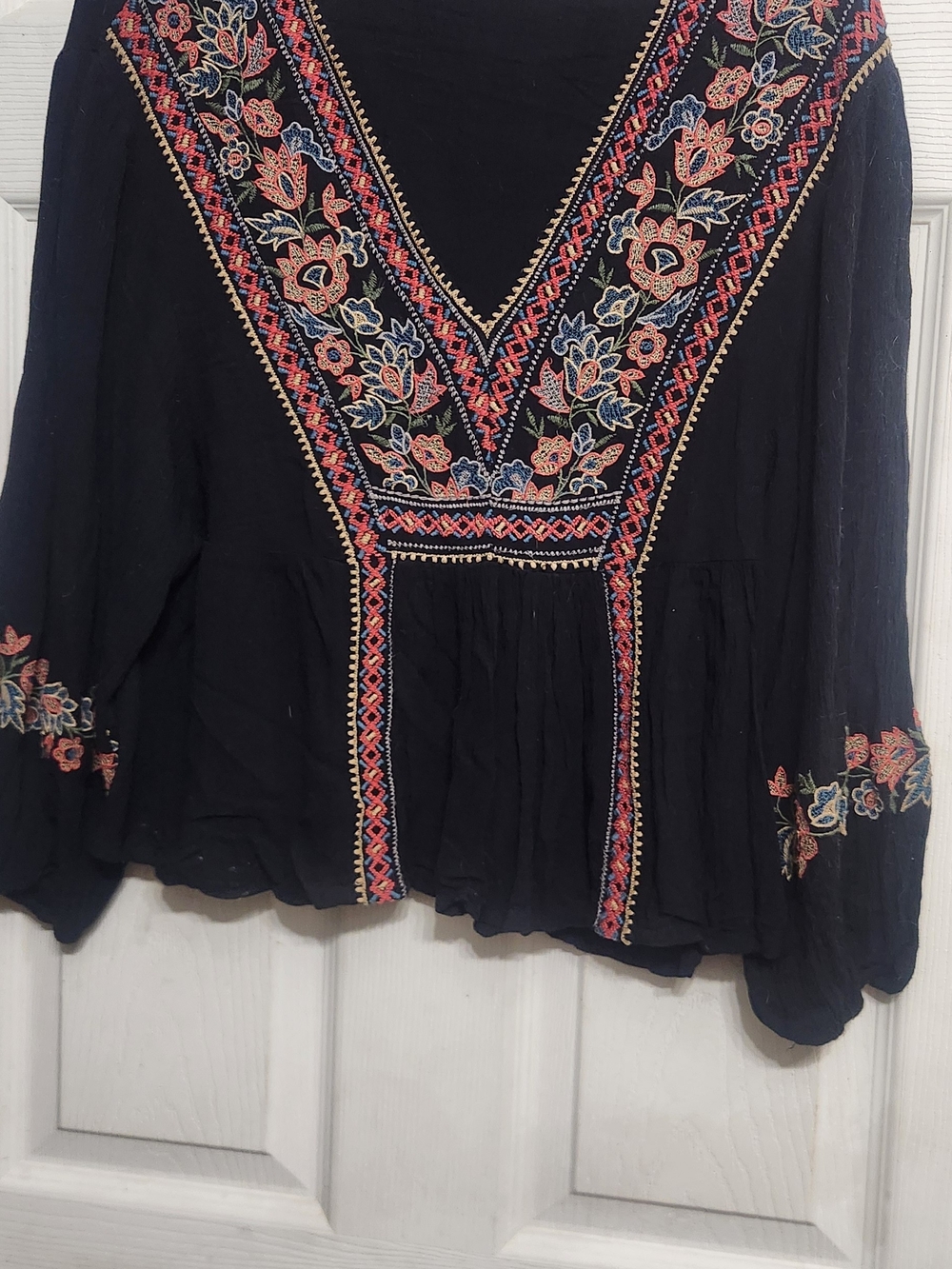 Black Embroidered V-Neck Women's Top
